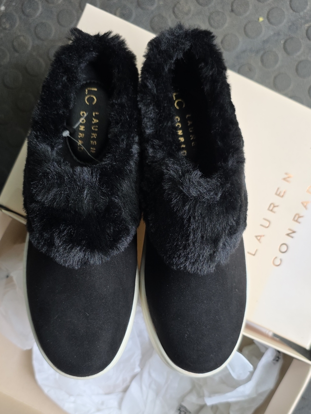 LC Lauren Conrad Black Faux-Fur Slip-Ons with White Sole